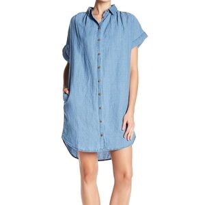 Madewell Blue Linen Blend Chambray Central Shirt Dress XL Casual Coastal Relaxed